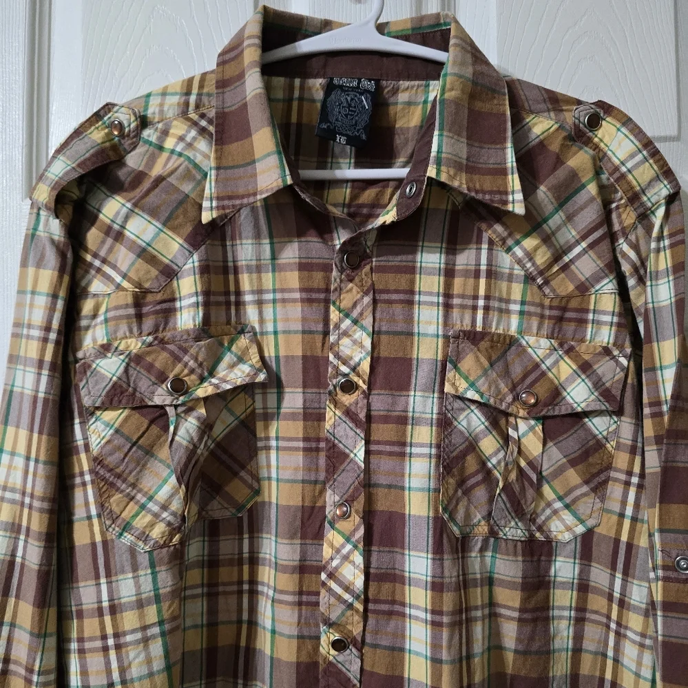Y2K Green Oak Pearl Snap Brown & Green Plaid Long Sleeve Western Shirt, XL.
